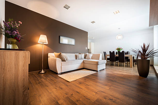 Wood-look floor in a furnished living and dining room Wood-look floor in a furnished living and dining room