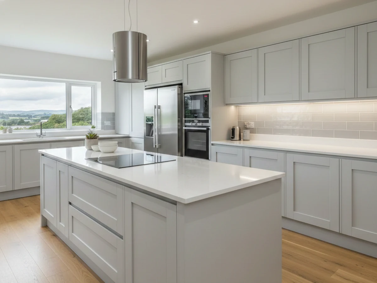 fitted-kitchen-light-grey-shaker-large-island-integrated-appliances-swansea-daffodil-carpentry fitted kitchen light grey shaker large island integrated appliances swansea daffodil carpentry