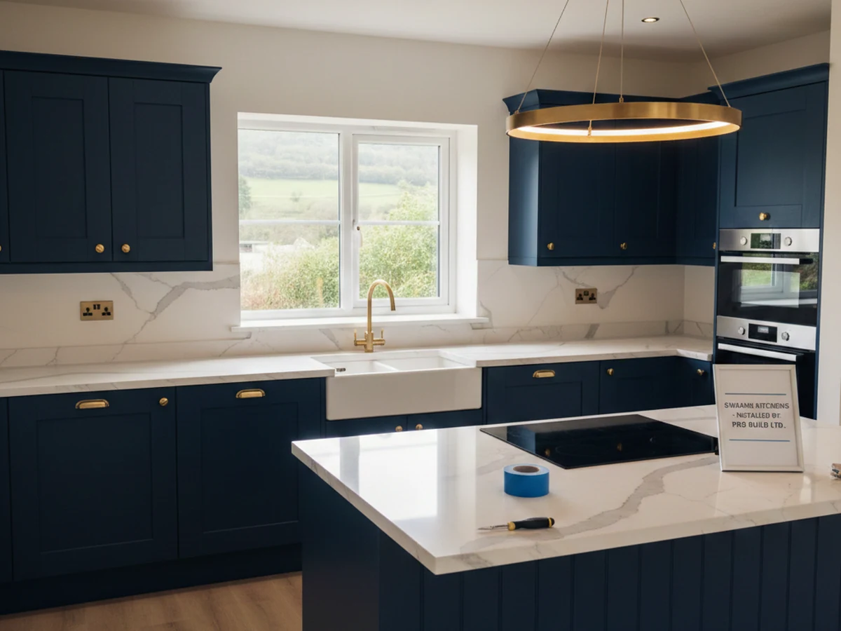Navy blue shaker fitted kitchen with gold hardware installed in Gorseinon by Daffodil Carpentry