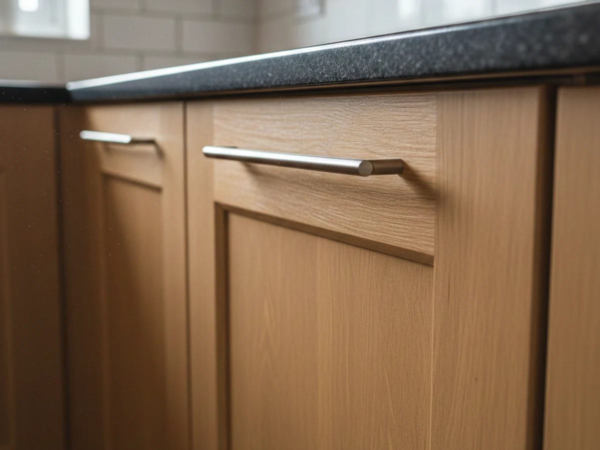 fitted-kitchen-oak-cabinet-doors-chrome-bar-handles-close-up-swansea-daffodil-carpentry fitted kitchen oak cabinet doors chrome bar handles close up swansea daffodil carpentry