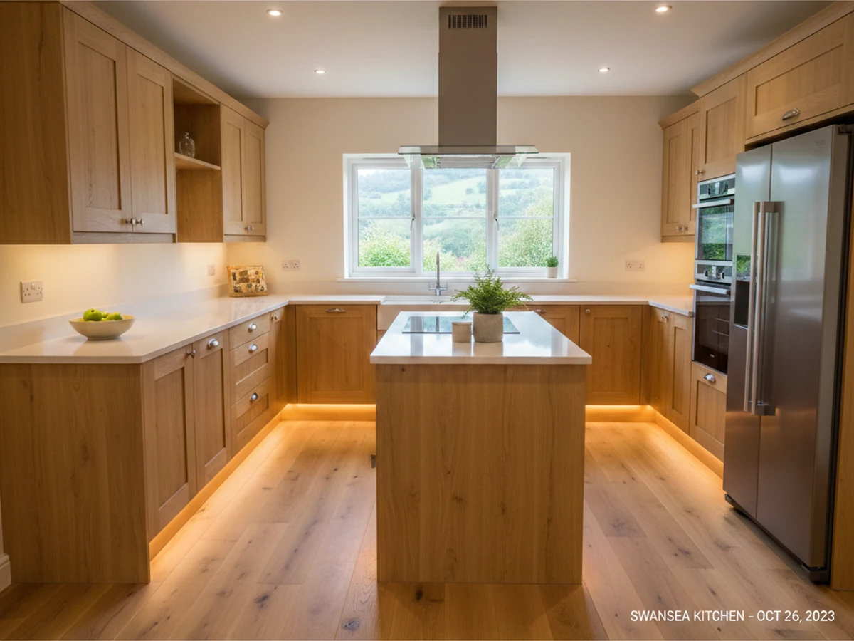 fitted kitchen oak wood shaker led lighting integrated fridge swansea daffodil carpentry