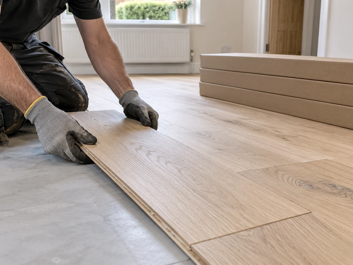 Wood Flooring 12 AI illustration of a fitter positioning oak boards beside boxed flooring