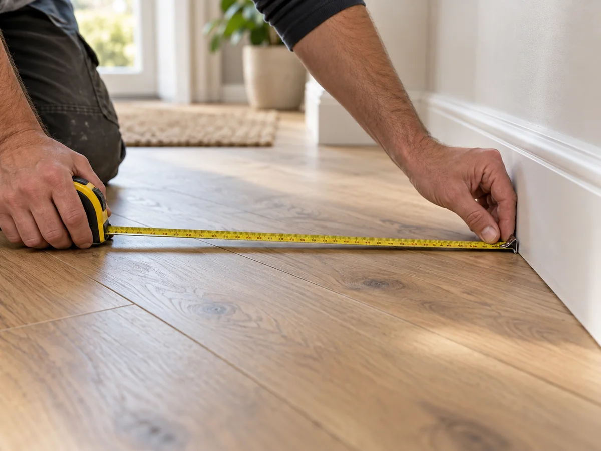 Engineered Wood vs Laminate Flooring: Which Should You Choose? 14 Illustration of a fitter measuring flooring beside a skirting board