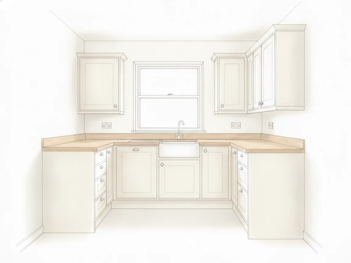 AI-generated kitchen concept sketch with cabinets, worktop, sink and window