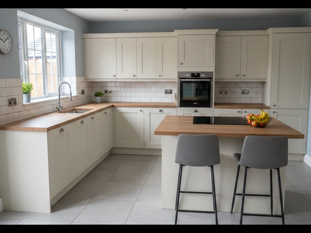 kitchen fitters cream shaker timber worktop island grey chairs swansea daffodil carpentry