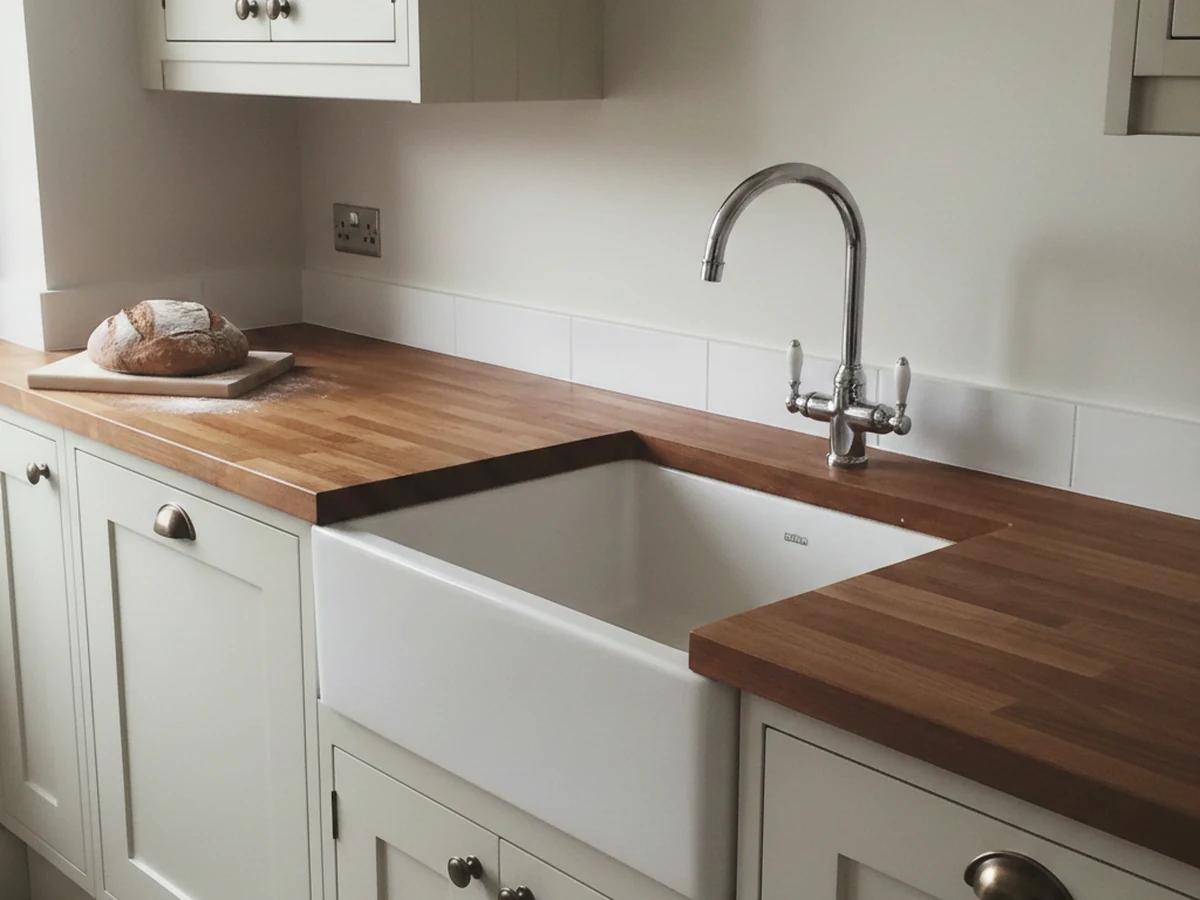 Belfast sink with chrome tap and walnut worktop kitchen fitted in Gorseinon by Daffodil Carpentry
