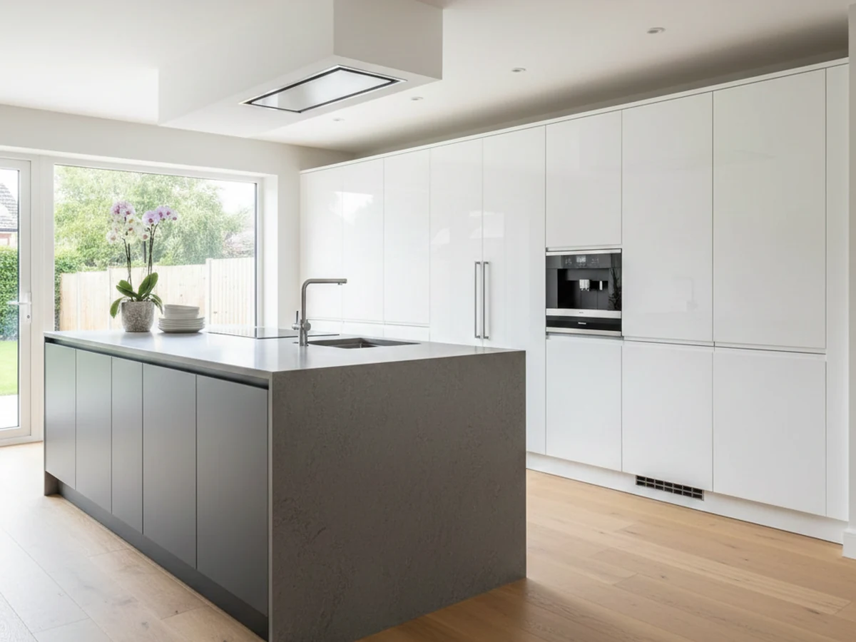 kitchen fitting charcoal grey minimalist handleless large windows swansea daffodil carpentry