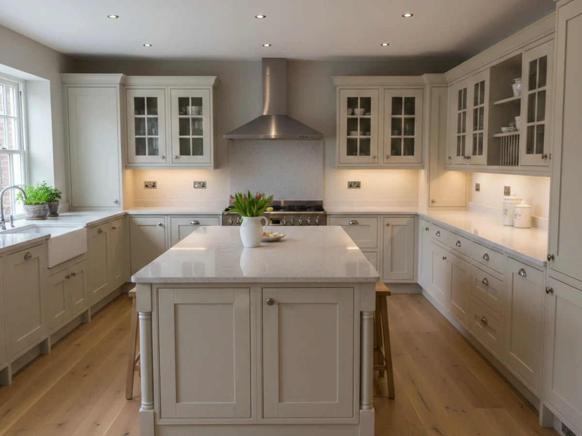 kitchen-fitting-cream-shaker-glazed-display-cabinets-timber-floor-swansea-daffodil-carpentry kitchen fitting cream shaker glazed display cabinets timber floor swansea daffodil carpentry