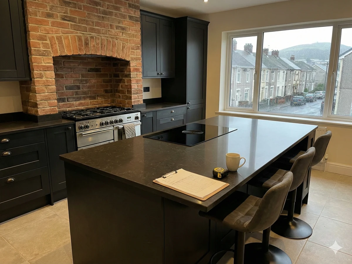 kitchen fitting navy cabinets brick fireplace island seating swansea daffodil carpentry