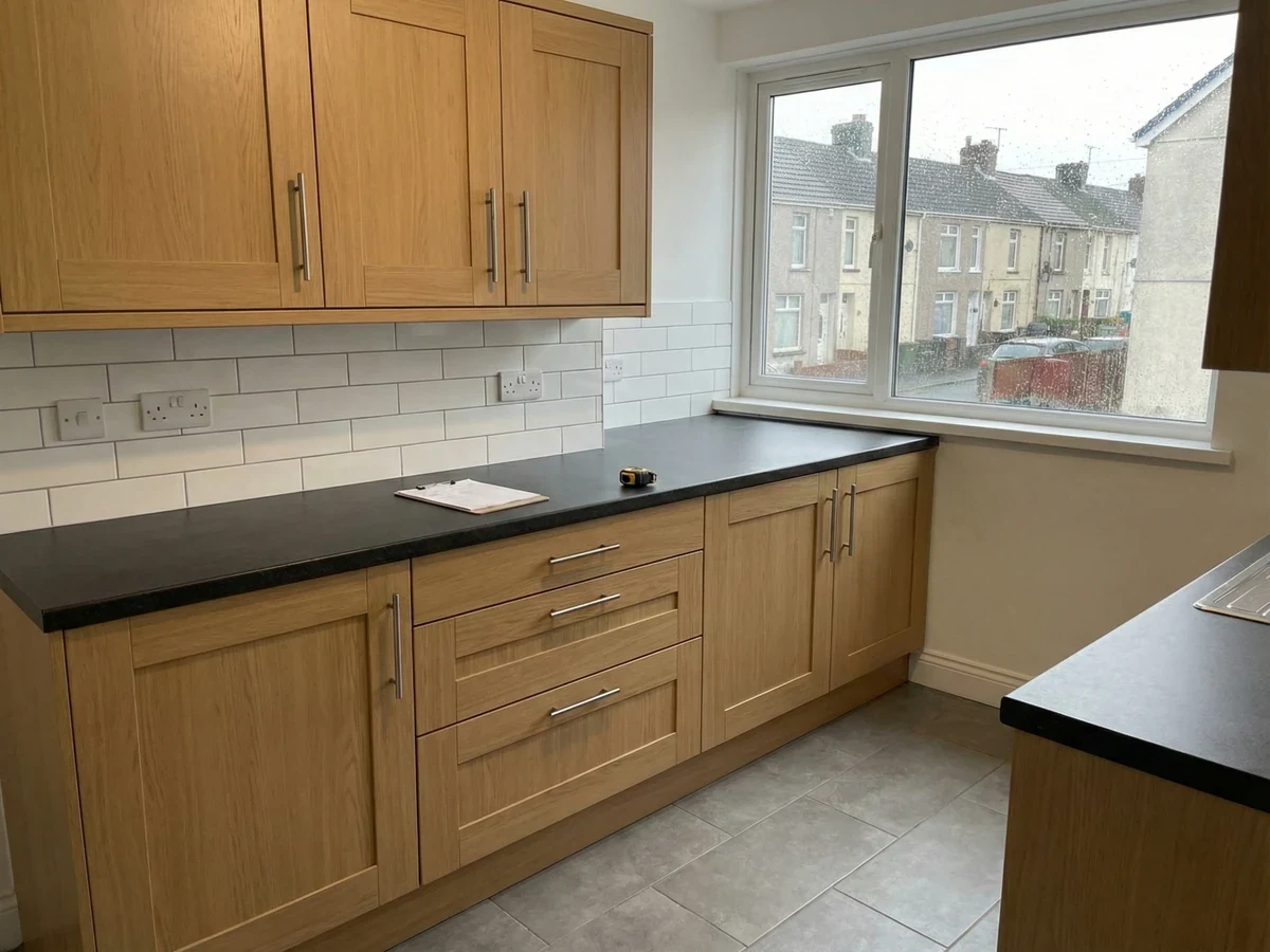 Oak kitchen cabinets with dark worktops