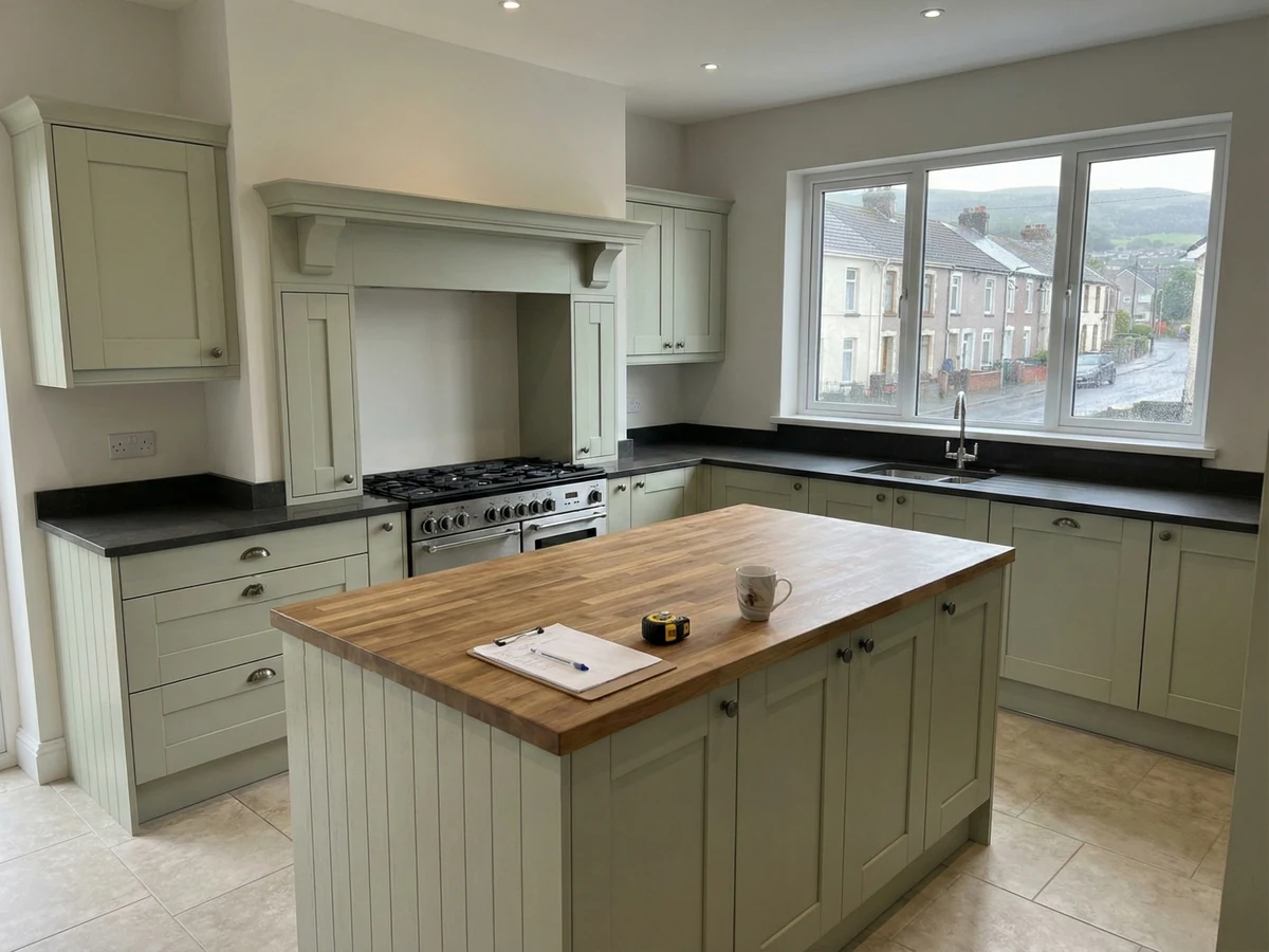 kitchen fitting sage green cabinets wood island stove swansea daffodil carpentry
