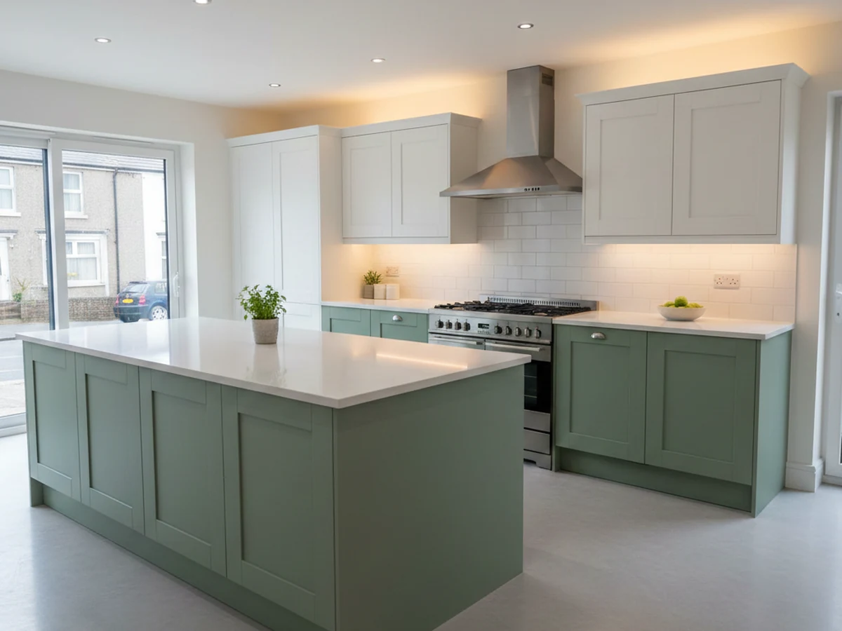 kitchen-fitting-sage-green-shaker-island-range-cooker-swansea-daffodil-carpentry kitchen fitting sage green shaker island range cooker swansea daffodil carpentry