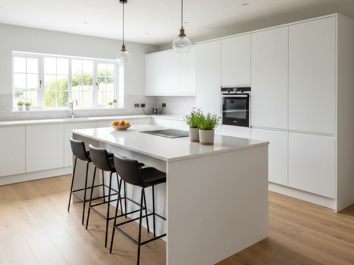 kitchen-fitting-white-flat-panel-handleless-island-bar-stools-swansea-daffodil-carpentry New kitchen with island, table chairs and fresh cabinets. By Daffodil Carpentry, local kitchen fitters.