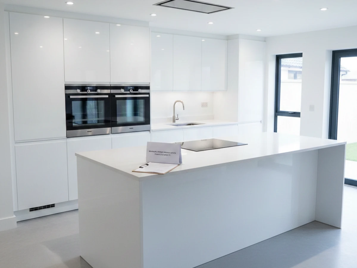 kitchen-fitting-white-handleless-double-oven-island-swansea-daffodil-carpentry New kitchen by Daffodil Carpentry kitchen fitters in a Pontardwe home. Glossy white cabinets.