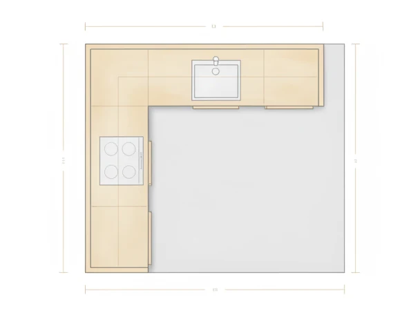 Kitchen layout illustration showing an L-shaped worktop, sink, hob and dimension lines