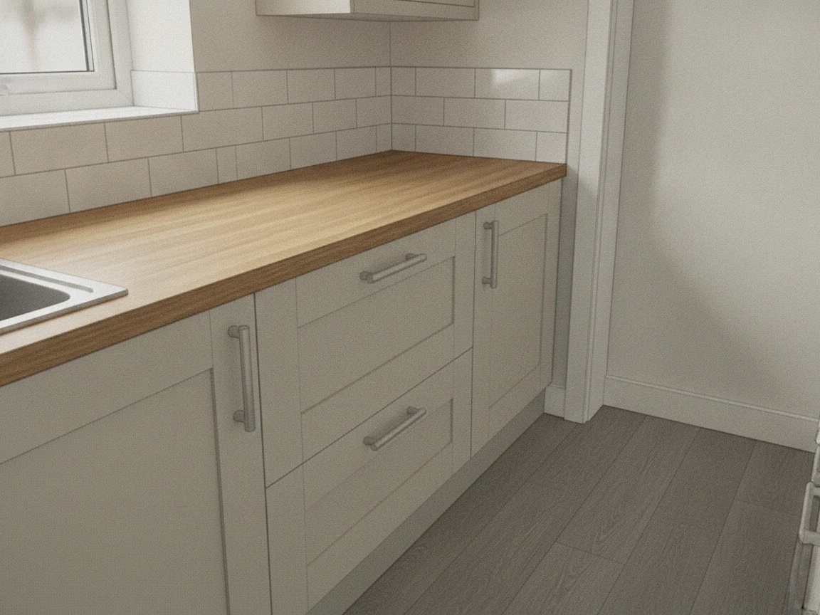 AI-generated illustration of pale shaker doors and an oak kitchen worktop