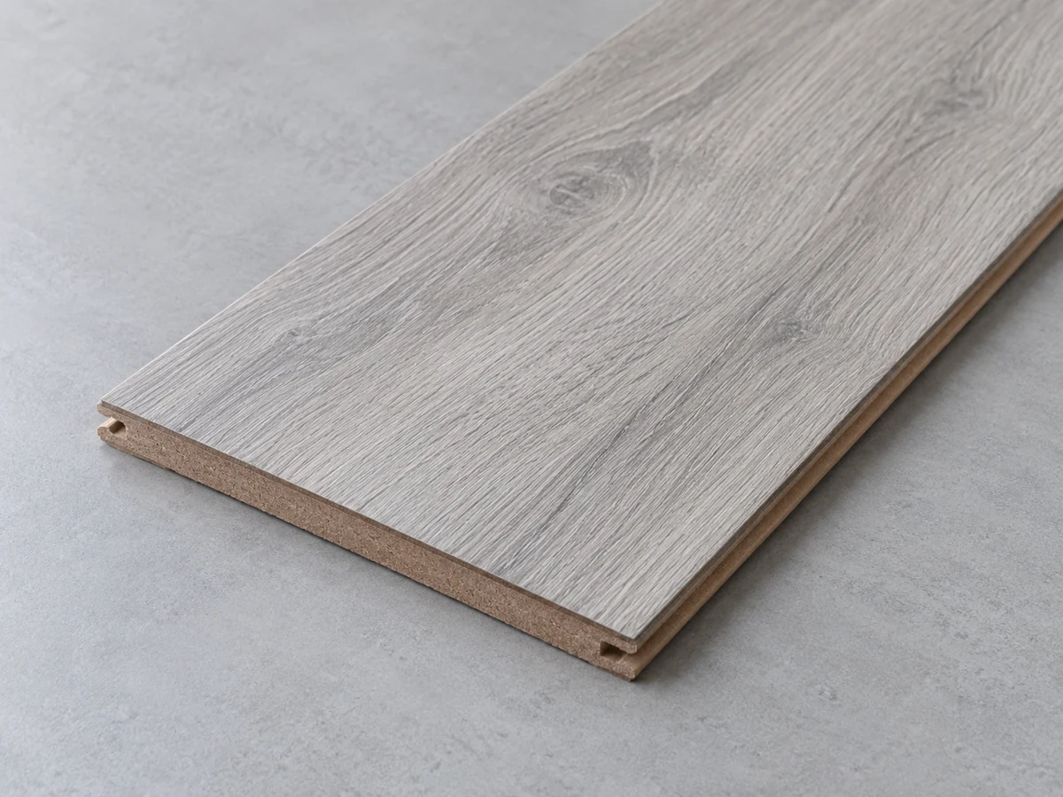 Wood Flooring 17 Illustration of a grey oak-effect laminate board with a fibreboard core
