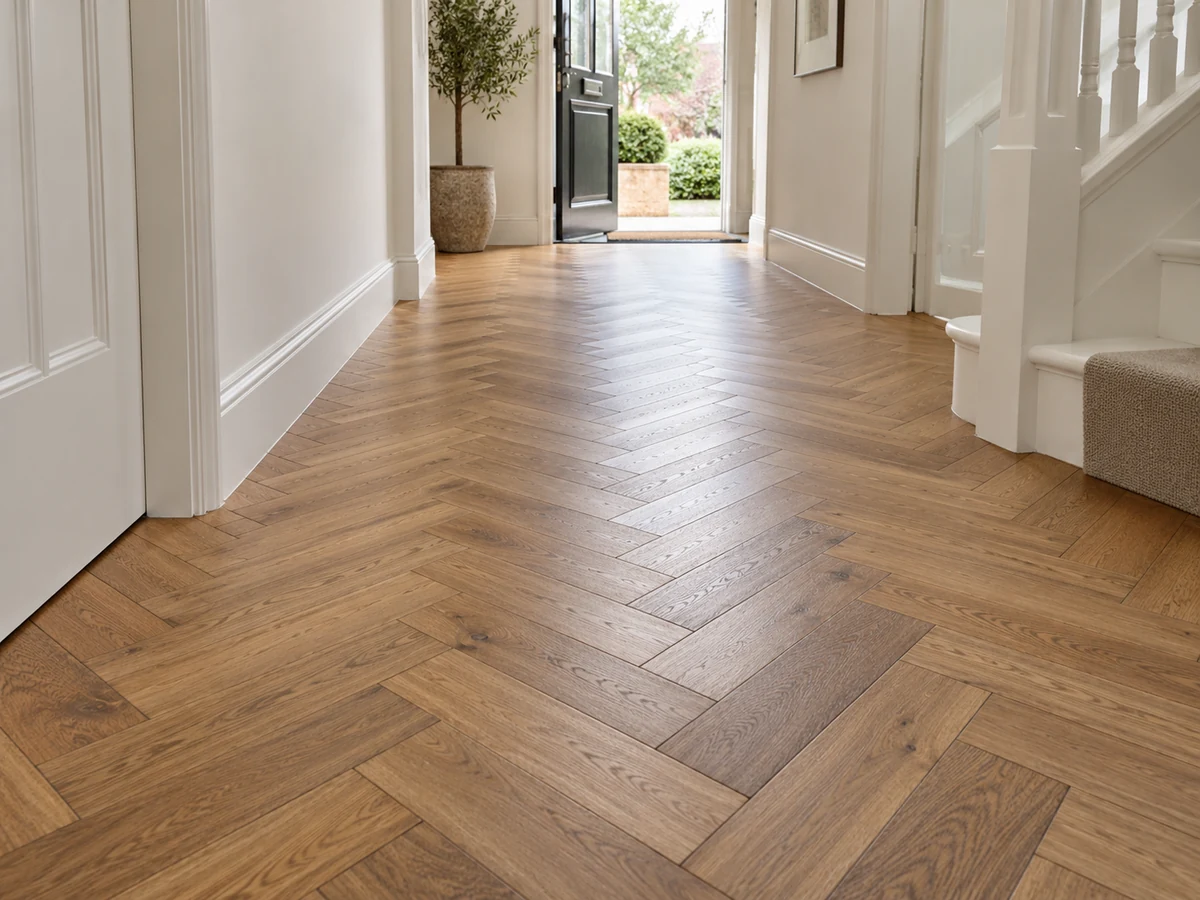 Wood Flooring 18 AI illustration of patterned oak flooring in a bright hallway