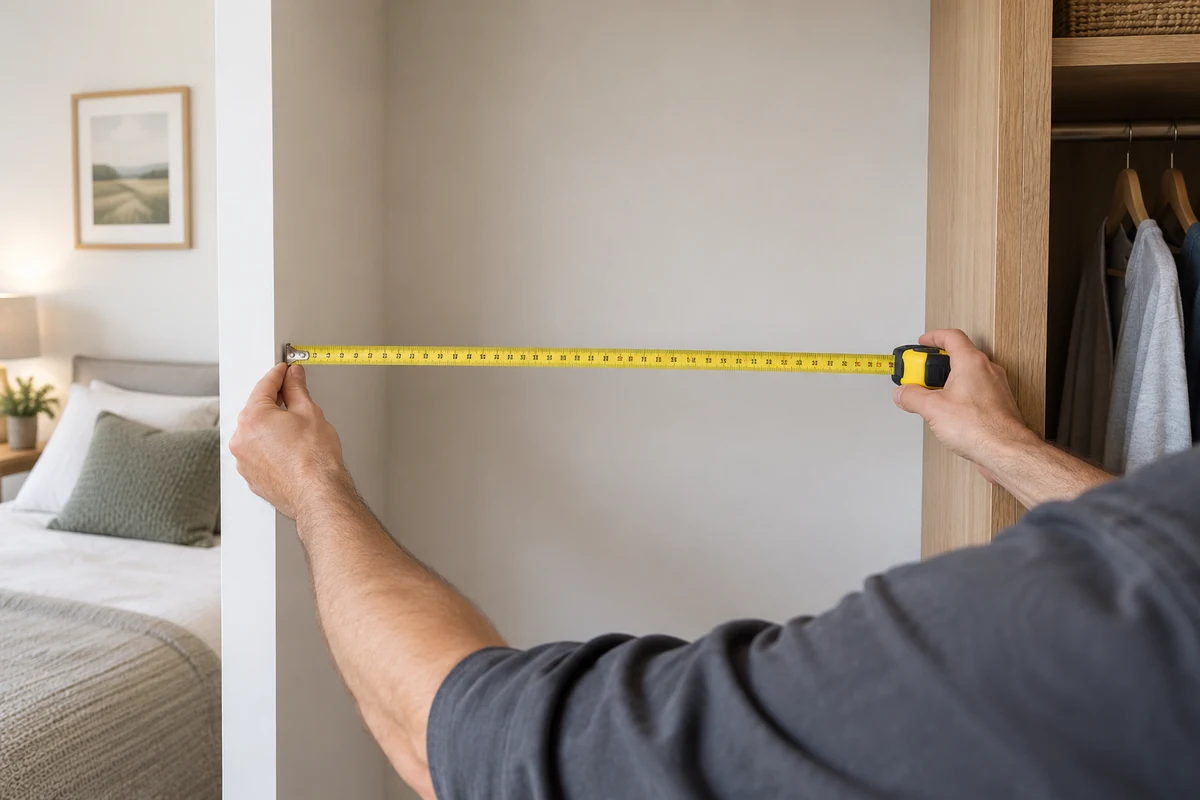 Measuring a wardrobe alcove Illustration of a carpenter measuring an alcove beside a fitted wardrobe