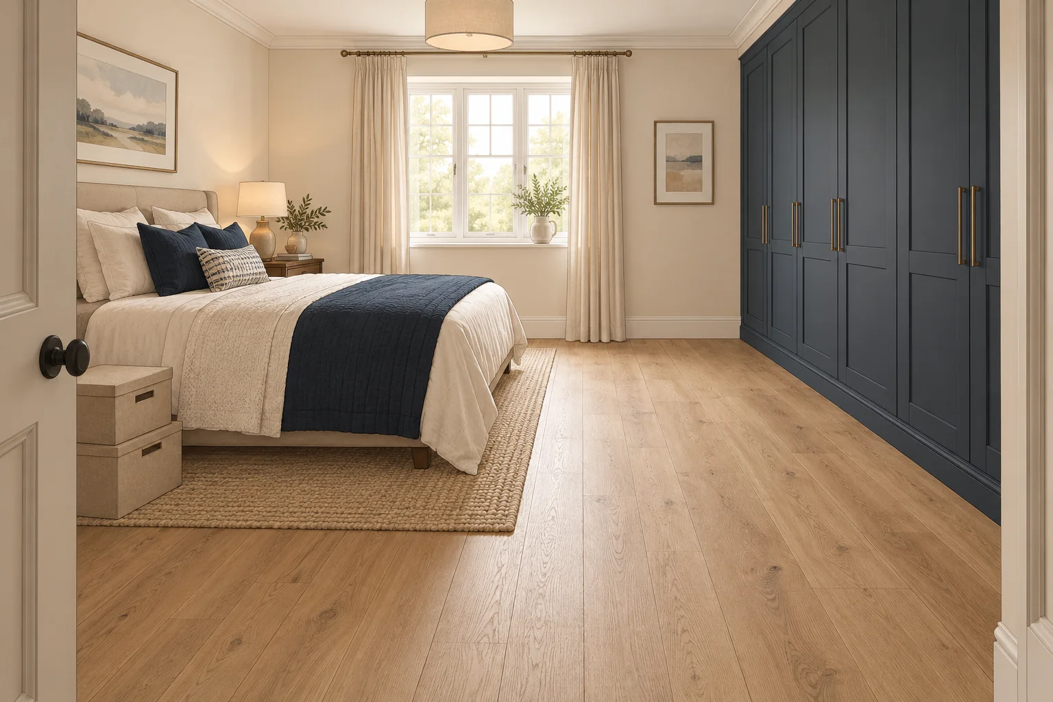 wardrobe-access-illustration Illustrative bedroom with a clear route between the doorway, bed and wardrobes