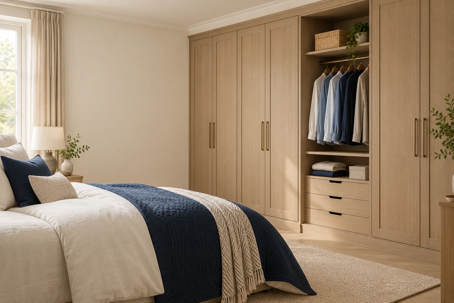 wardrobe-hero-illustration Illustrative bedroom with oak wardrobes, hanging space, shelves and drawers
