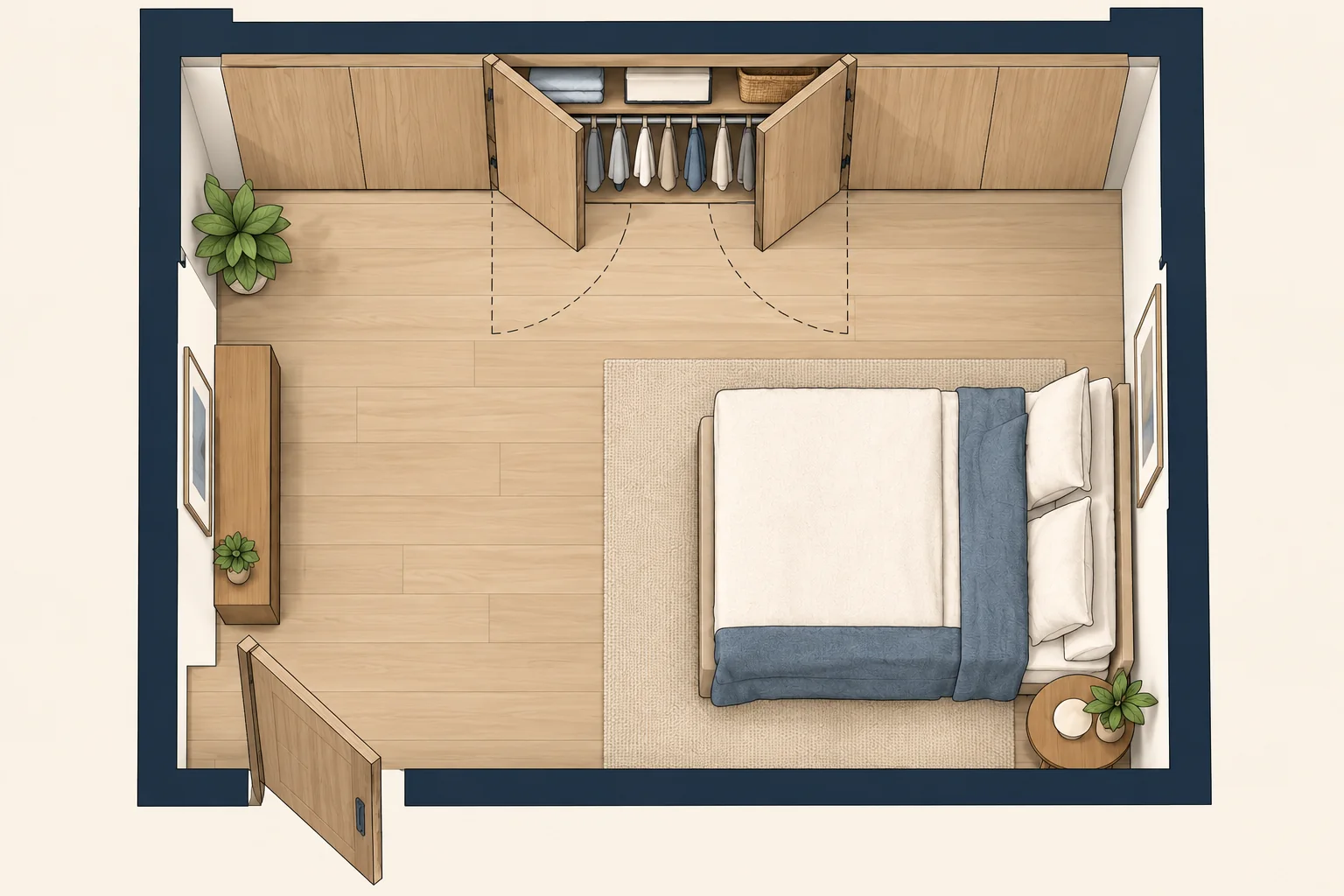 wardrobe-hinged-illustration Illustrative hinged wardrobe doors opening into a clear walkway beside the bed