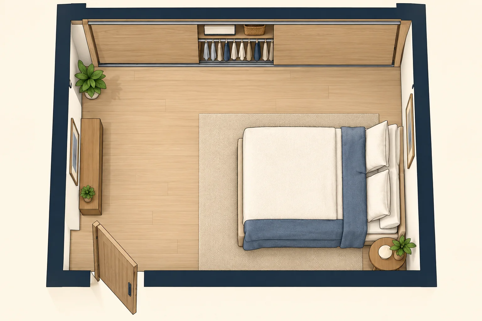 wardrobe-sliding-illustration Illustrative sliding wardrobe panels leaving a partial opening without swinging towards the bed
