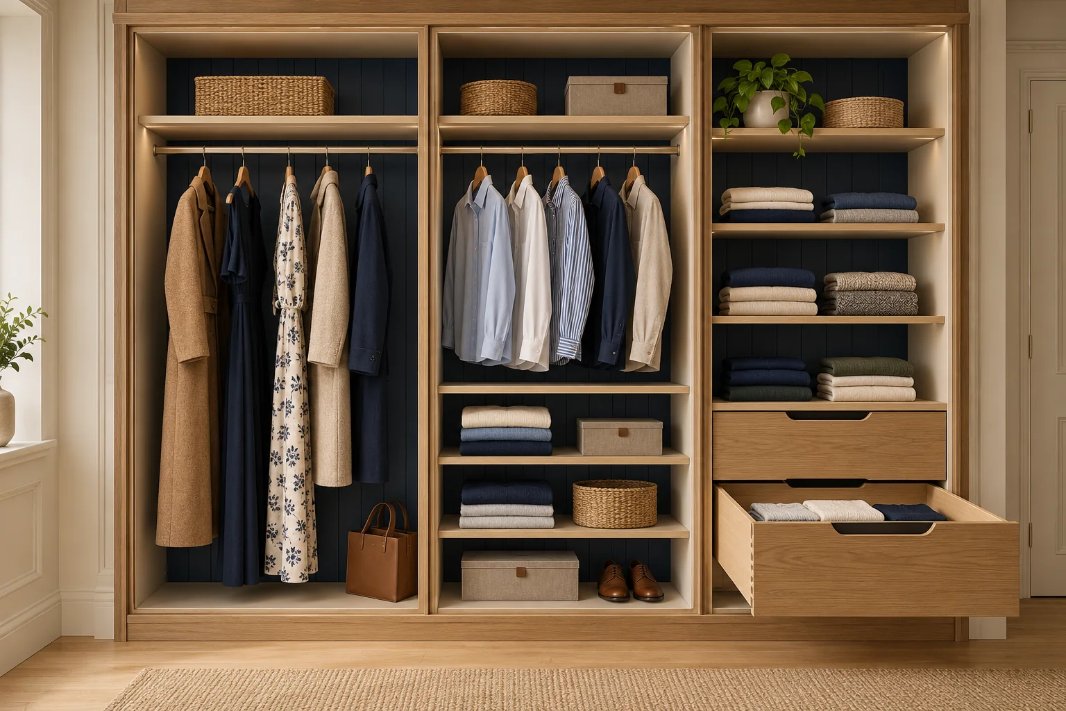 wardrobe-storage-illustration Illustrative wardrobe interior with long hanging space, shirts, shelves and an open drawer